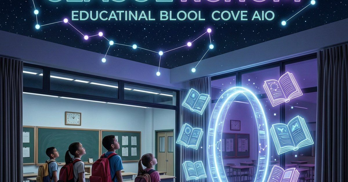 Un aula escolar abierta que se abre hacia un cielo nocturno lleno de constelaciones de nodos de IA en cian y púrpura brillante, estudiantes de un colegio público con mochilas mirando hacia arriba, un portal de luz que conecta la sala con herramientas digitales flotantes, estilo cyberpunk suave sobre fondo oscuro