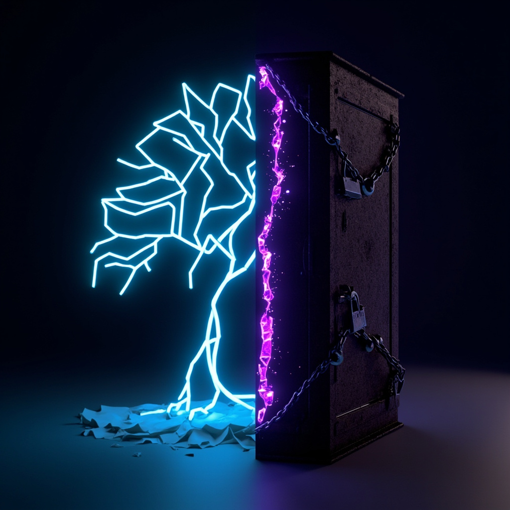 File-Tree Agents vs Frameworks Cerrados — Árbol digital de archivos VS caja oxidada con cadenas