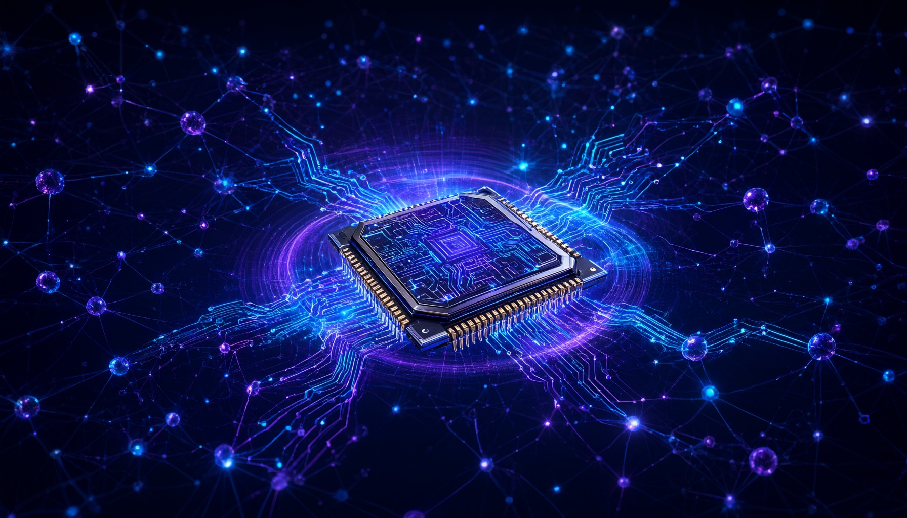 Chip de CPU futurista con red neuronal holográfica en neón cian y púrpura, representando la inferencia de IA en hardware local