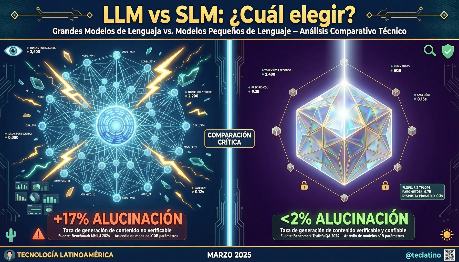 LLM vs SLM: Comparativa visual - Modelos grandes vs pequeños, alucinación, costos y control