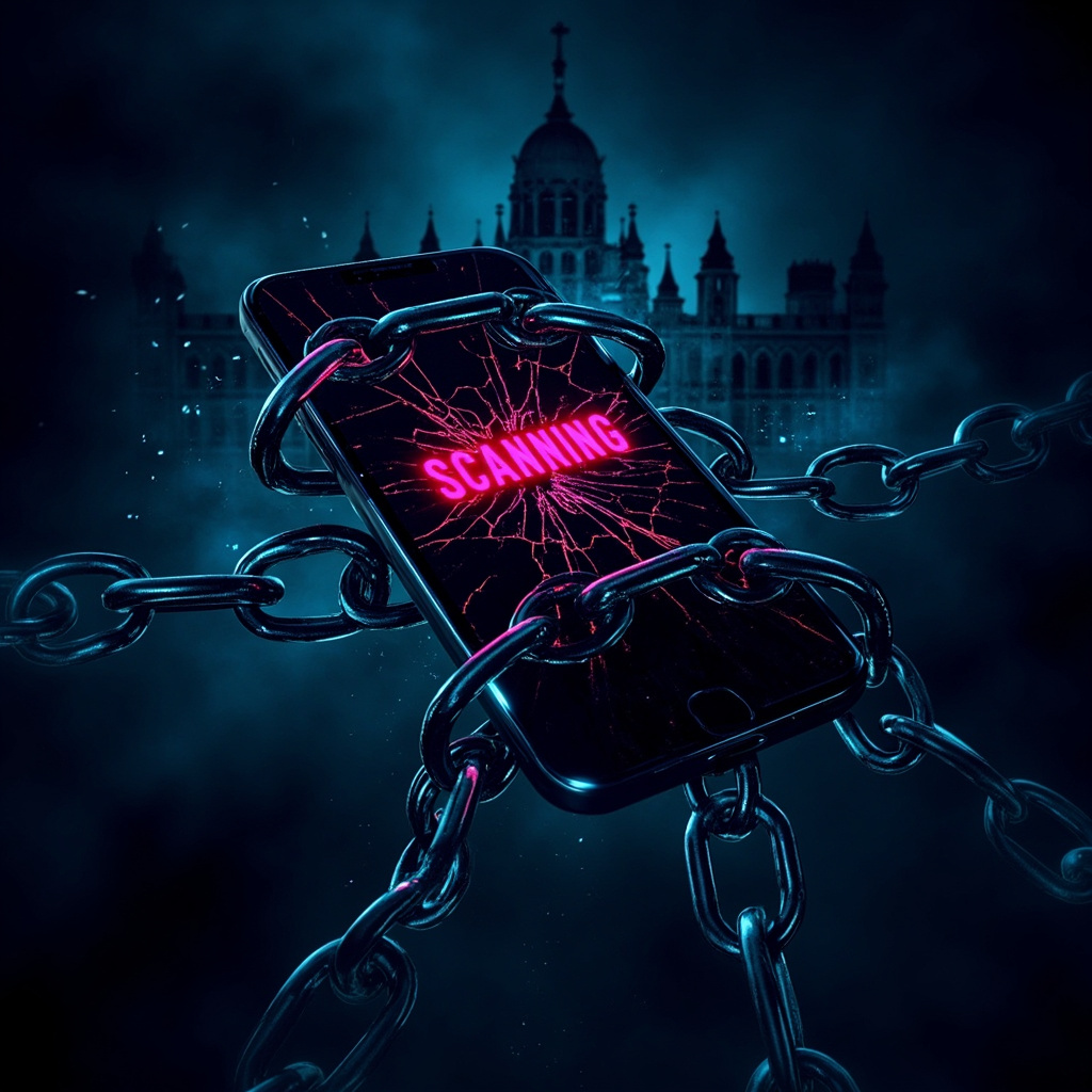 Ilustración cyberpunk del Parlamento Europeo en sombra proyectándose sobre un smartphone encadenado - Chat Control UE 2026