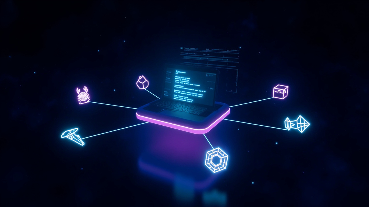Una terminal de comandos flotando en el espacio cyberpunk, con iconos de agentes de IA orbitando alrededor: una langosta (OpenClaw), un cerebro con brillo neuronal (Hermes), un cubo minimalista (PI), una multi-herramienta (OpenCode), una nave espacial (Odysseus) y un escudo hexagonal con circuitos (SHIVA). Rayos de luz cian conectan la terminal con cada agente. Fondo oscuro, acentos neón cian y púrpura, sin texto
