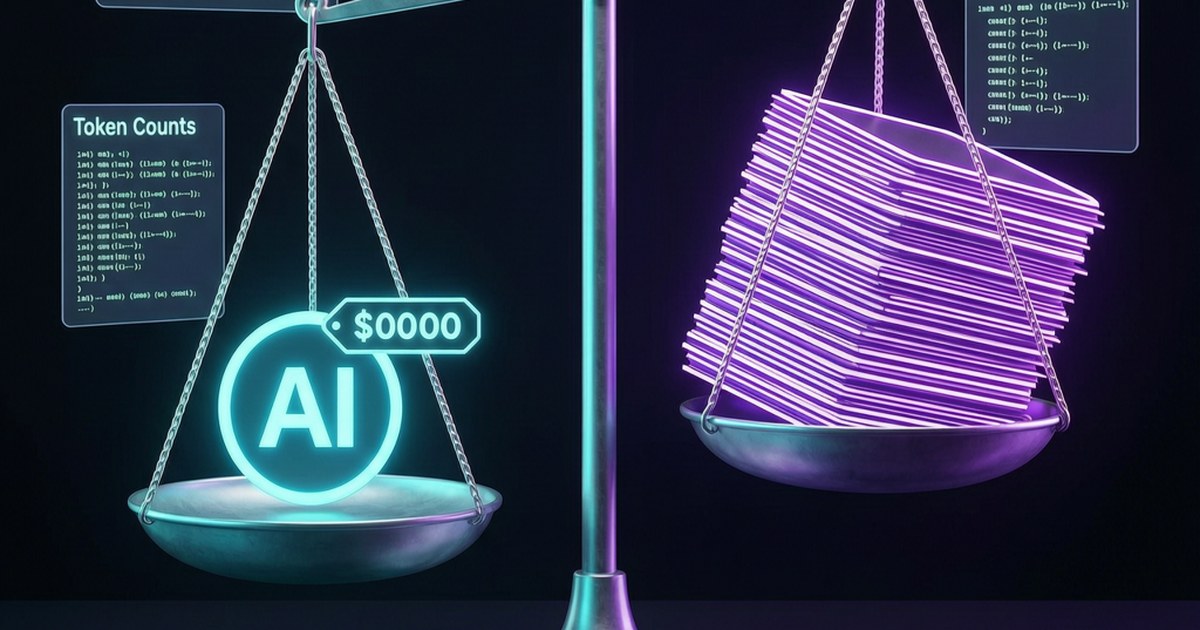 Una balanza digital con dos platillos: uno con un token de IA brillante en cian etiquetado con el mismo precio, y otro con una pila de tareas enormes y pesadas en púrpura, sobre un fondo oscuro con gráficos de costos y líneas de código flotantes, estilo cyberpunk suave con neón cian y púrpura