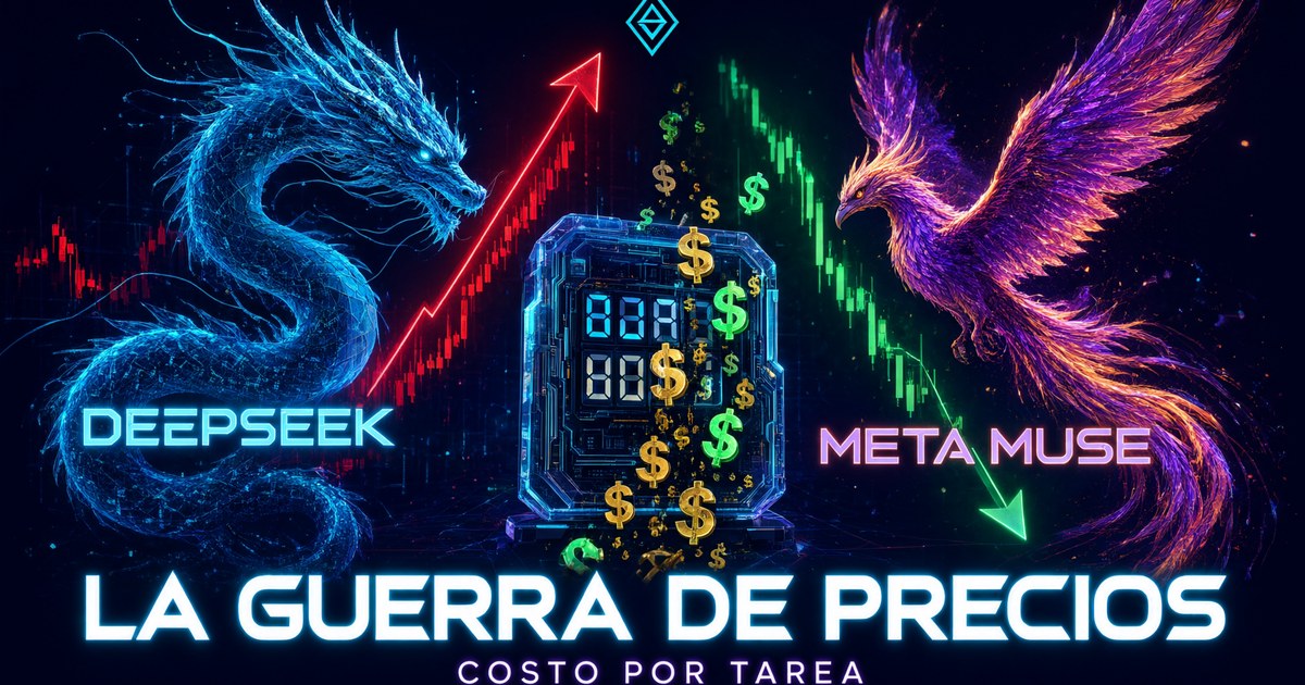 Dos titanes de la IA frente a frente en un ring de boxeo digital: del lado izquierdo un dragón azul cian con letrero DeepSeek y un gráfico de precios subiendo en picada, del lado derecho un pájaro de fuego púrpura con letrero Meta Muse Spark y un gráfico de precios bajando. Entre ambos, un contador de tokens gigante con signos de dólar cayendo. Fondo oscuro cyberpunk con neón cian y púrpura