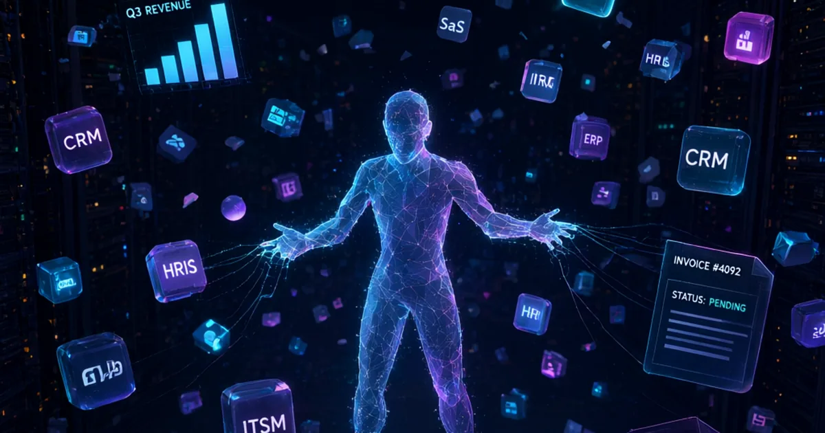 Un centro de datos abstracto donde cientos de iconos de aplicaciones SaaS flotan desconectados en la oscuridad, cada uno brillando con su propia luz pero sin líneas que los conecten, mientras un único agente de IA holográfico observa desde el centro tratando de unir fragmentos de datos dispersos. Estética cyberpunk suave, neón cian y púrpura, fondo oscuro, sensación de fragmentación y caos ordenado