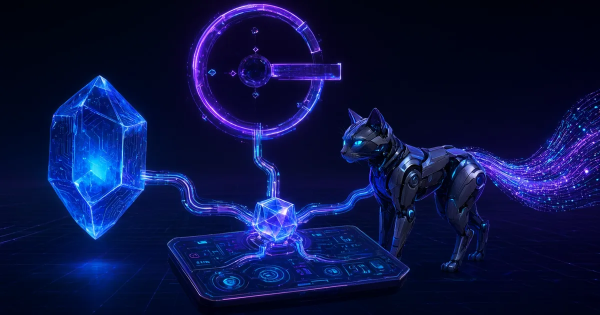 Tres siluetas de modelos de IA (un hexágono azul para GLM-5.3, una 'G' neón para Grok 4.6 y un gato robótico de cola larga para LongCat-2.0) flotando sobre un horizonte digital, conectadas por un panel de control central con múltiples rutas y un conmutador de proveedores (router). Estilo cyberpunk suave, fondo oscuro, acentos neón cian y púrpura, sin texto