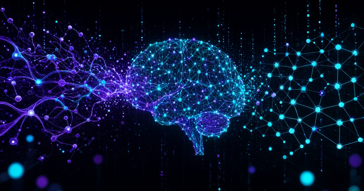 Ilustración cyberpunk de una red neuronal transformándose en un grafo de conocimiento: nodos brillantes de neón cian y púrpura conectados por aristas luminosas, con una silueta de cerebro humano integrada a la red, fondo negro profundo, partículas de datos ascendiendo, estética cyberpunk suave con acentos #00D4FF y #7C3AED