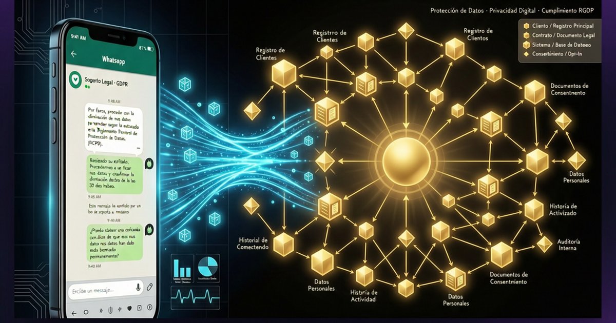 Teléfono con chat de WhatsApp mostrando una solicitud de borrado de datos, conectado a una red de grafos dorada con nodos de datos de cliente interconectados, estilo cyberpunk cyan y púrpura