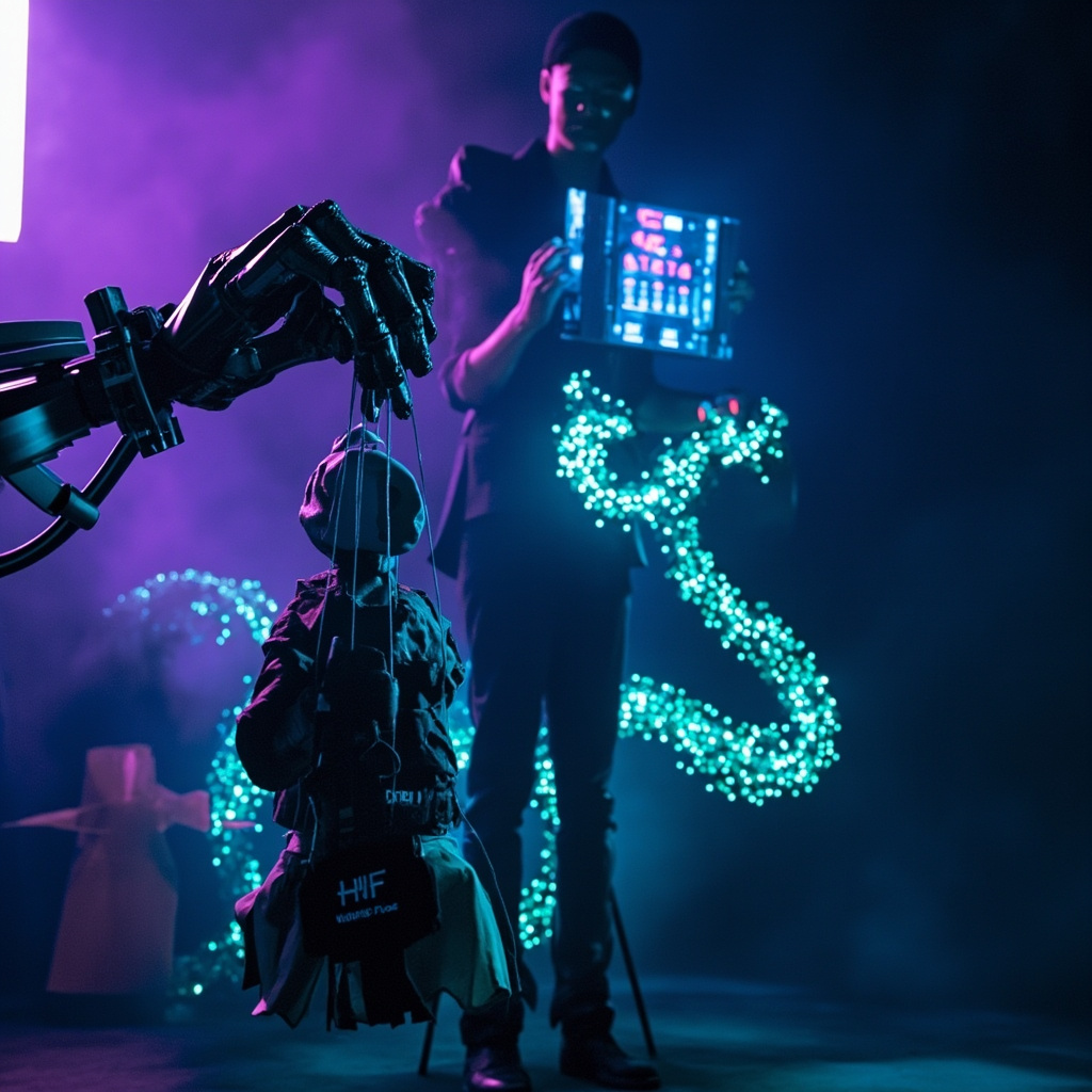 Ilustración conceptual del HF Gate: la mano robótica de OpenAI manipulando hilos mientras Jensen Huang sostiene una GPU como escudo y un dragón chino de circuitos lo respalda - representación del conflicto geopolítico de la IA