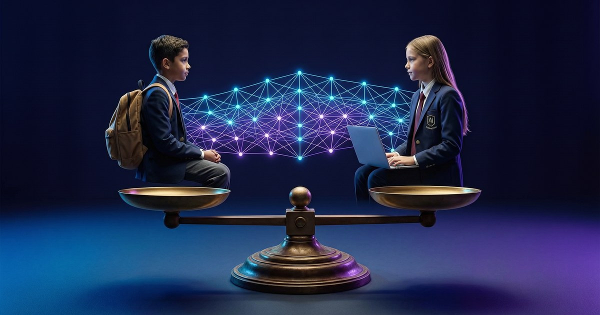 Auditorio universitario con un panel de discusión sobre IA al fondo, una balanza que se equilibra entre un estudiante de colegio público y uno de colegio privado, conectada por una red neuronal de nodos cian y púrpura brillante, estilo cyberpunk suave sobre fondo oscuro