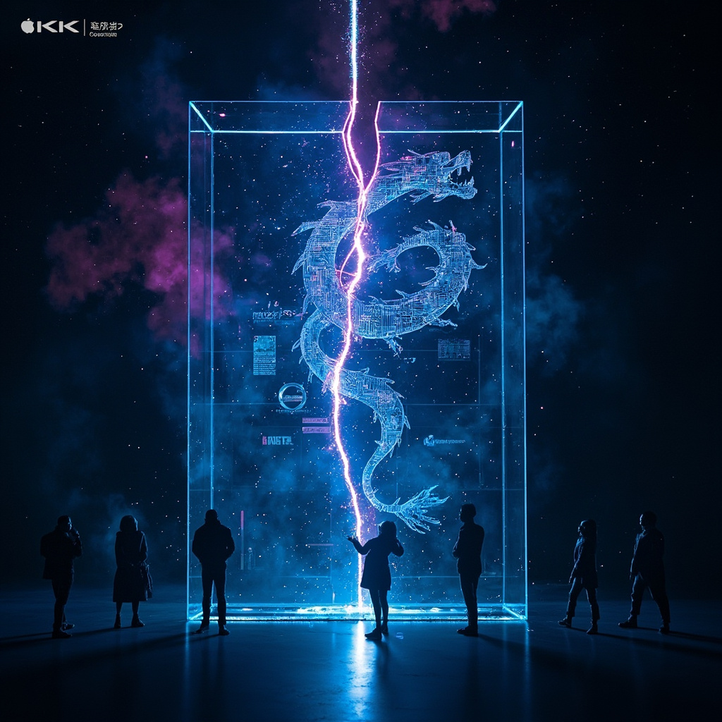 Kimi K3: La grieta en la armadura de las Big Techs. Dragón digital rompiendo un escudo de Silicon Valley.