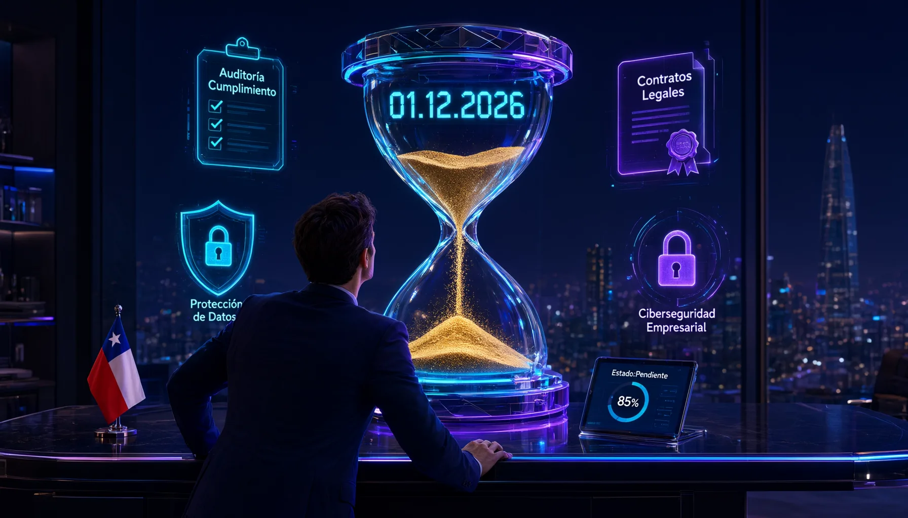 Un gran reloj de arena digital de neón cian y púrpura sobre un escritorio corporativo chileno, con la fecha 01.12.2026 brillando en el cristal superior y granos de arena dorada cayendo. Alrededor, iconos holográficos flotantes de checklist, contratos legales, escudos de datos y candados. Un empresario PYME de espaldas mira el reloj con urgencia. Estética cyberpunk suave, fondo azul marino oscuro, sensación de cuenta regresiva regulatoria inminente
