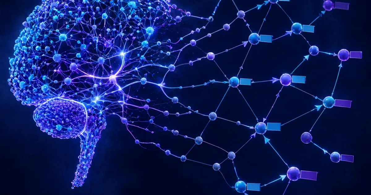 Ilustración conceptual de la memoria humana como red asociativa: a la izquierda, un cerebro humano brillante con neuronas y sinapsis conectadas en neón cian y púrpura; a la derecha, la misma red transformada en un knowledge graph digital con nodos y aristas etiquetados. La transición visual muestra la analogía entre la memoria asociativa humana y una base de datos de grafos. Fondo azul marino oscuro, estética cyberpunk suave