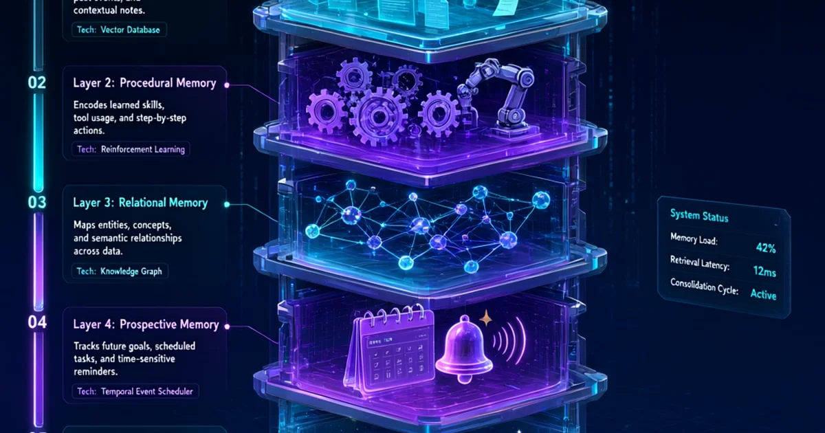 Ilustración conceptual de una arquitectura de memoria agéntica de 5 capas: una torre de 5 niveles apilados, cada uno con su tecnología y color — notas (episódica), skills (procedural), grafo de nodos conectados (relacional), un calendario con alertas (prospectiva) y una luna con estrellas (consolidación/dreaming). Fondo azul marino oscuro, neón cian y púrpura, estética cyberpunk suave