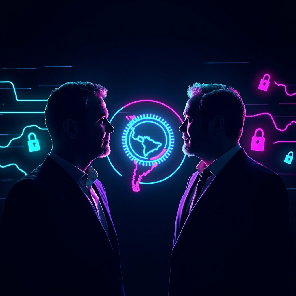 Arthur Mensch (Mistral) y Alex Karp (Palantir) advirtiendo sobre modelos cerrados de IA - Ilustración conceptual con mapa LATAM