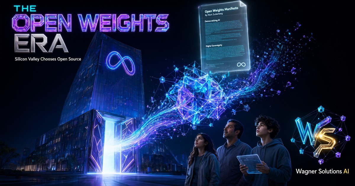 El cuartel general de Meta (diseño abstracto futurista con el logo de Meta) abre sus puertas metafóricas mientras un modelo de IA brillante con capas de código fuente se libera hacia los usuarios: la metáfora de Silicon Valley eligiendo los pesos abiertos. El ensayo de Zuckerberg flota como una página de luz. Estética cyberpunk suave, neón cian y púrpura, fondo oscuro