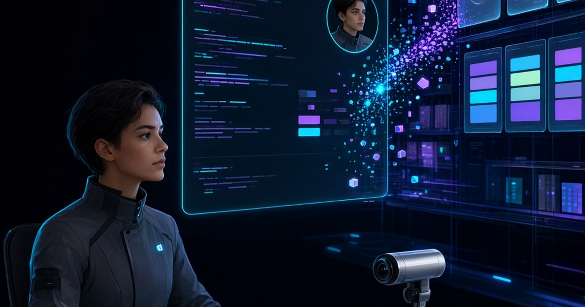 Ilustración cyberpunk de un empleado grabando un tutorial con pantalla y cámara simultáneas: una ventana de grabación flotante muestra la pantalla con código y la cara de la persona en picture-in-picture circular, el conocimiento fluye como partículas de datos hacia una biblioteca digital con quizzes y tableros kanban, fondo negro profundo, neón cian y púrpura, estética cyberpunk suave con acentos #00D4FF y #7C3AED