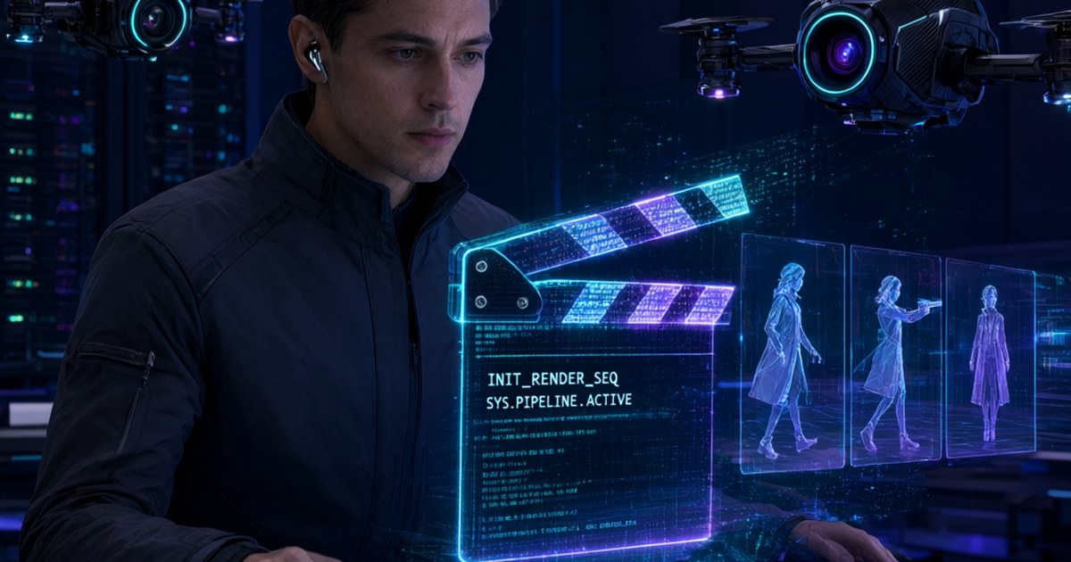 Un director de cine digital abstracto en una terminal de computadora: líneas de código y comandos CLI forman una claqueta de cine, mientras un personaje holográfico mantiene consistencia entre múltiples escenas. Cámaras cinematográficas flotan alrededor. Estética cyberpunk suave, neón cian y púrpura, fondo oscuro, sensación de pipeline automatizado sin interfaz gráfica