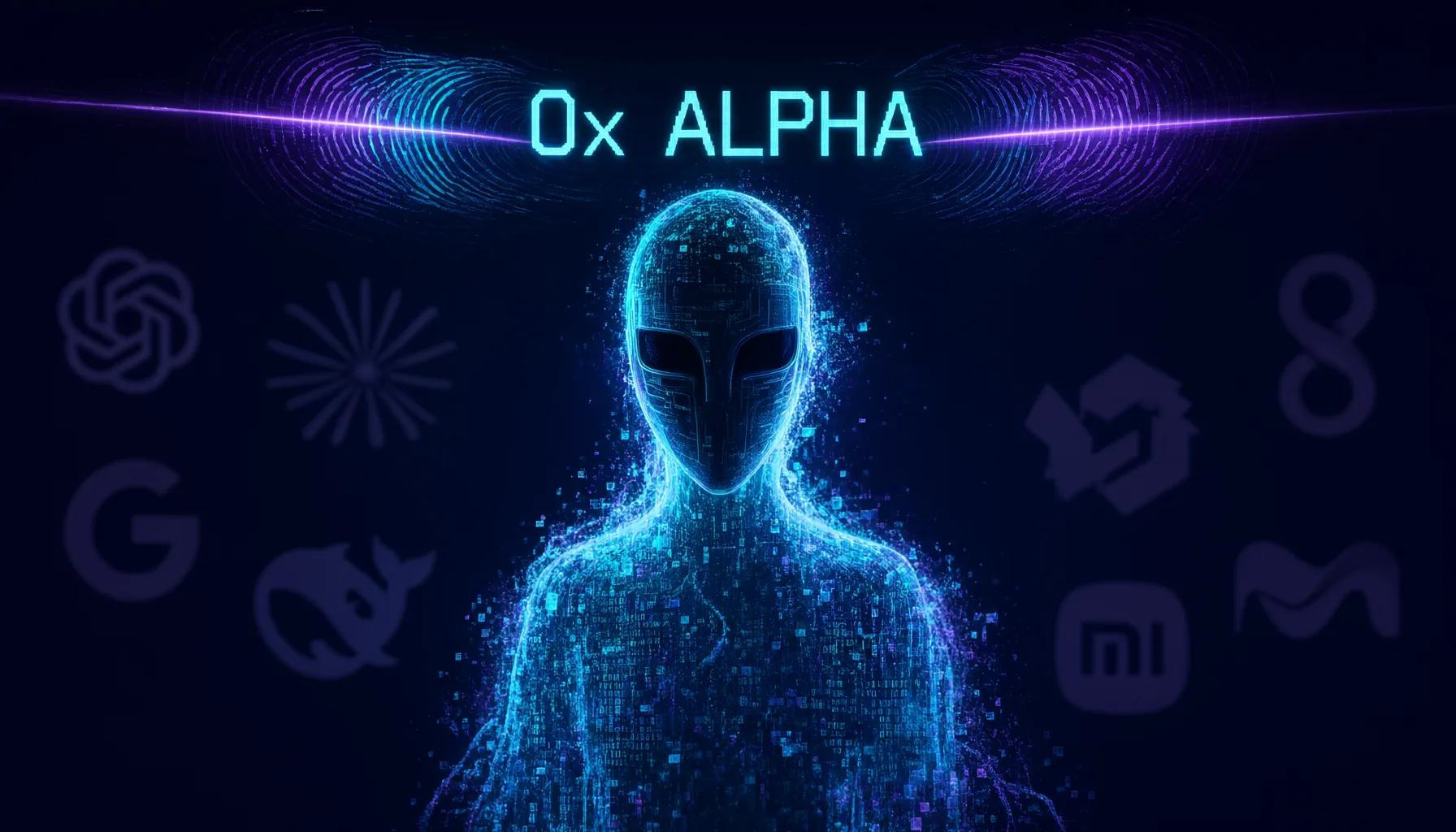 Ilustración conceptual: una figura fantasma/silueta digital sin rostro en el centro, rodeada de múltiples logos de laboratorios de IA (OpenAI, Anthropic, Google, Meta, Zhipu, DeepSeek, Xiaomi, MiniMax, Moonshot) como sombras difusas en el fondo. Ningún logo la reclama. Sobre la figura, líneas de código hexadecimal (0x Alpha) y patrones de huella digital. Neón cian y púrpura sobre fondo azul marino oscuro, estética cyberpunk suave, sensación de misterio e investigación forense