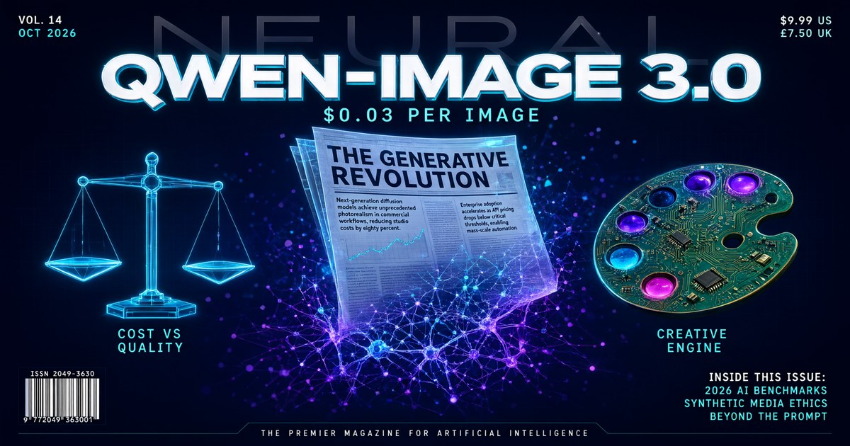 Portada generada íntegramente con Qwen-Image-3.0-Pro: revista tecnológica futurista con titular 'QWEN-IMAGE 3.0', subtítulo '$0.03 PER IMAGE', una página de periódico digital que emerge de una red neuronal, balanza digital e iconos de diseño, fondo azul marino con acentos neón cian y púrpura