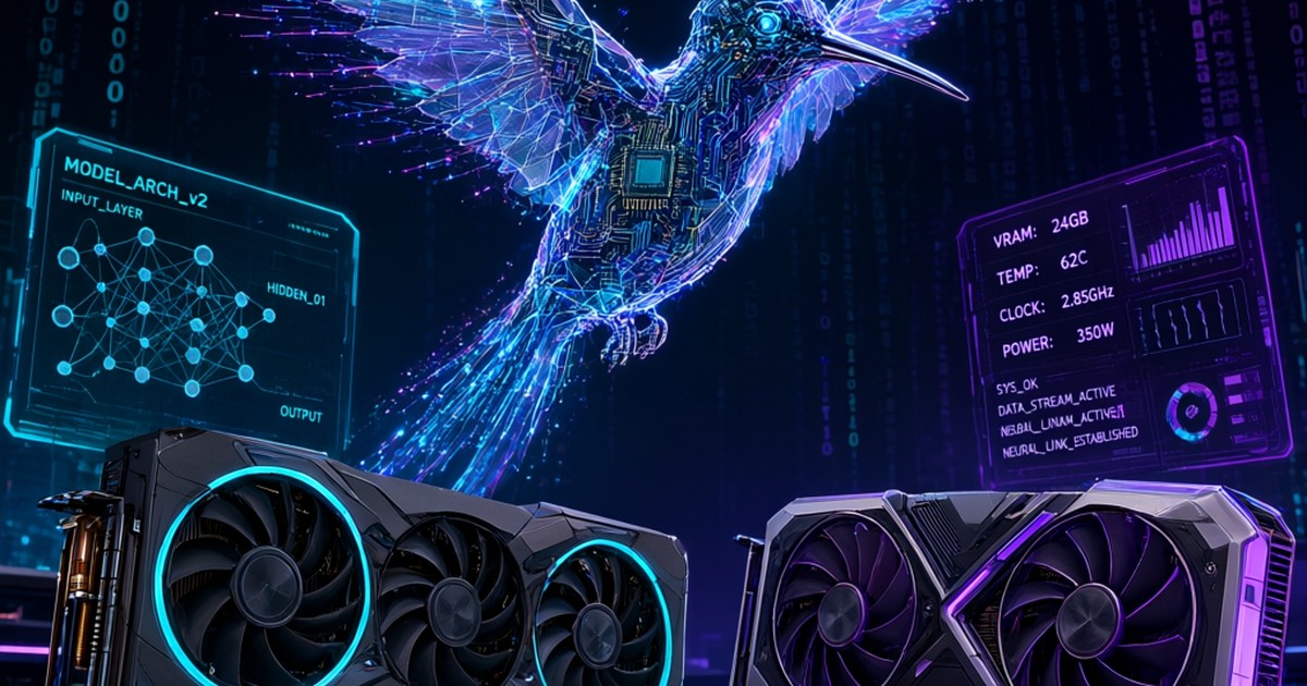 Ilustración cyberpunk de dos GPUs de consumo (tarjetas gráficas con disipadores y ventiladores) conectadas a un colibrí digital luminoso hecho de circuitos y flujos de datos, con neón cian y púrpura, fondo negro profundo, partículas de datos ascendiendo, estética cyberpunk suave con acentos #00D4FF y #7C3AED