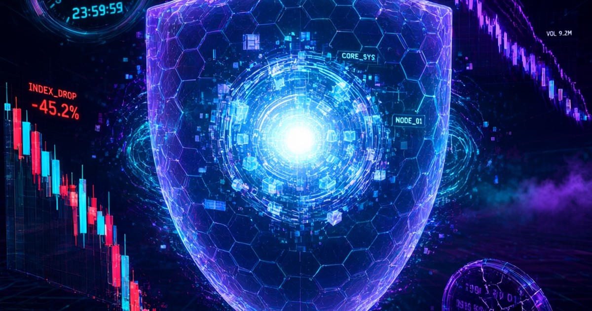 Un escudo digital translúcido de neón cian y púrpura protegiendo un núcleo de datos brillante en el centro, mientras a su alrededor hay ondas de choque, gráficos de precios en caída y relojes acelerados que representan la incertidumbre tecnológica. Estética cyberpunk suave, neón cian y púrpura, fondo oscuro