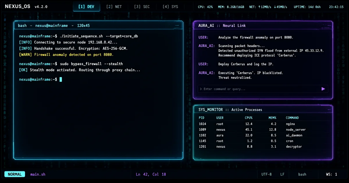 Ilustración cyberpunk de un sistema operativo de terminal con layout tiling: múltiples paneles con bordes neón cian y púrpura, una ventana de chat con un asistente IA, un panel de tareas y una barra de estado con indicadores de workspace. Fondo negro profundo, tipografía monospace, flujos de datos tipo matrix, paneles holográficos flotantes, estética cyberpunk suave con acentos #00D4FF y #7C3AED